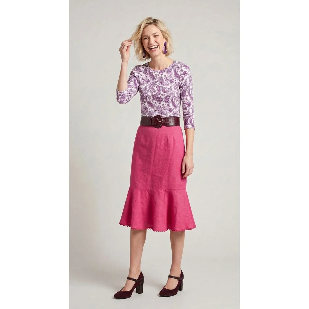 100% Linen Ann Taylor Pink Midi Skirt Crochet Trim Size 6 Romantic Feminine